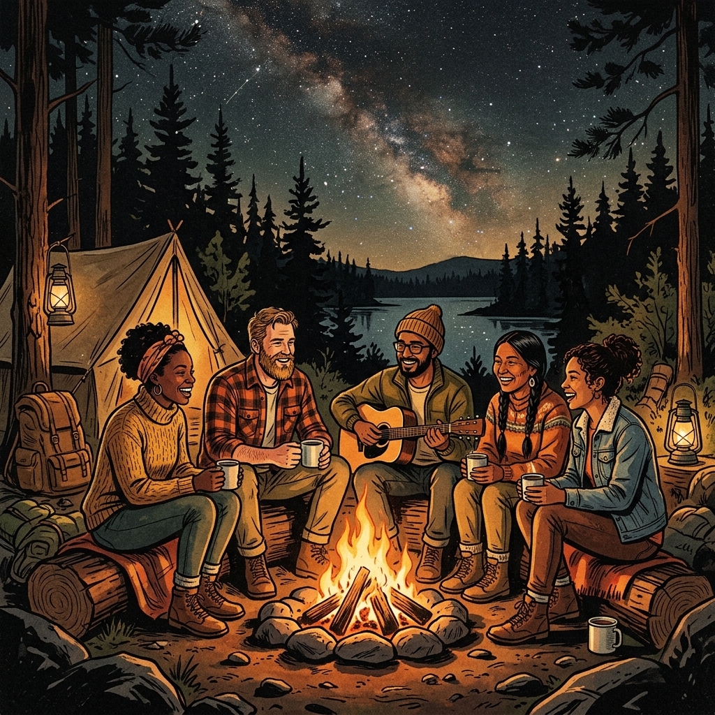 Vintage illustration of the Convenience-AE team around a campfire in the Canadian wilderness, guitars and warm laughter under the Milky Way