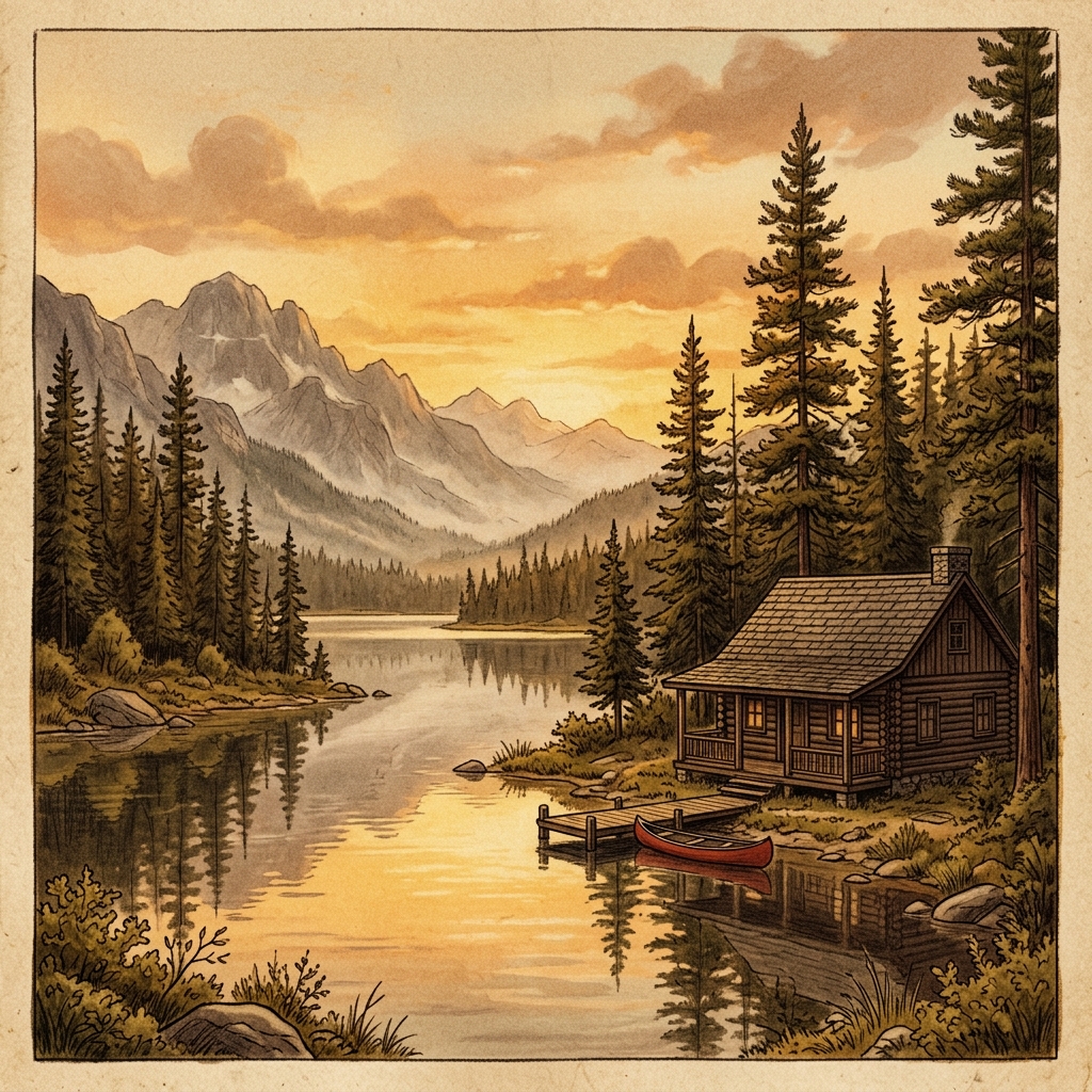 Vintage illustration of a serene log cabin by a glassy lake at golden hour surrounded by tall pines and misty mountains